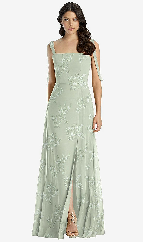 Front View - Vintage Primrose Sage Tie-Shoulder Chiffon Maxi Dress with Front Slit