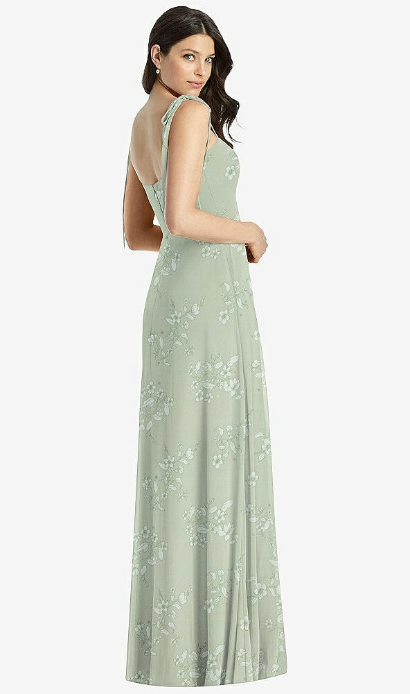 Back View - Vintage Primrose Sage Tie-Shoulder Chiffon Maxi Dress with Front Slit