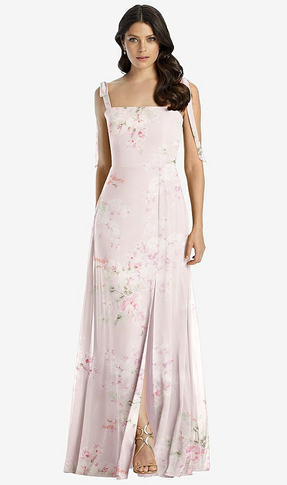 Front View - Watercolor Print Tie-Shoulder Chiffon Maxi Dress with Front Slit