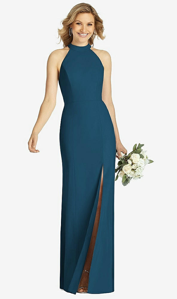 Front View - Atlantic Blue High-Neck Cutout Halter Trumpet Gown