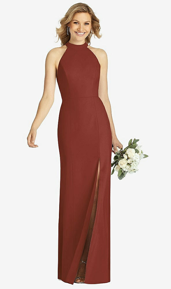 Front View - Auburn Moon High-Neck Cutout Halter Trumpet Gown