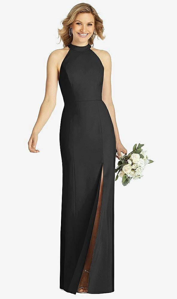 Front View - Black High-Neck Cutout Halter Trumpet Gown