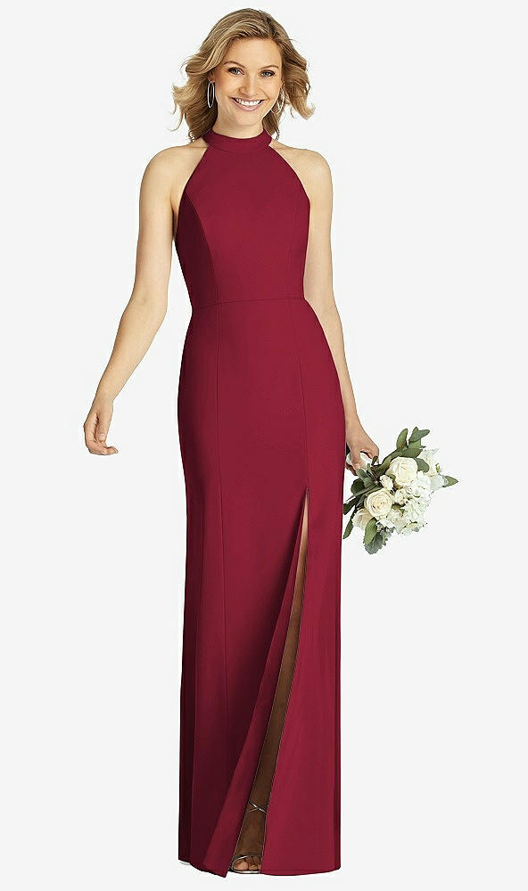 Front View - Burgundy High-Neck Cutout Halter Trumpet Gown