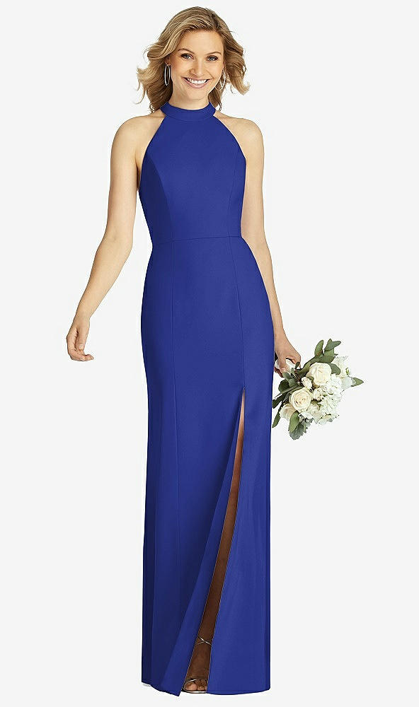 Front View - Cobalt Blue High-Neck Cutout Halter Trumpet Gown