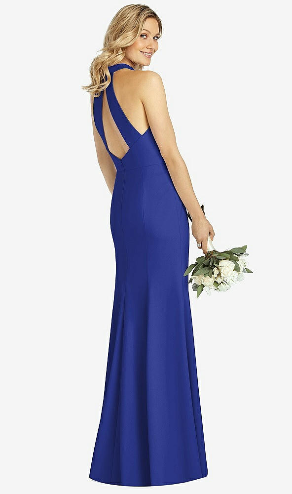 Back View - Cobalt Blue High-Neck Cutout Halter Trumpet Gown