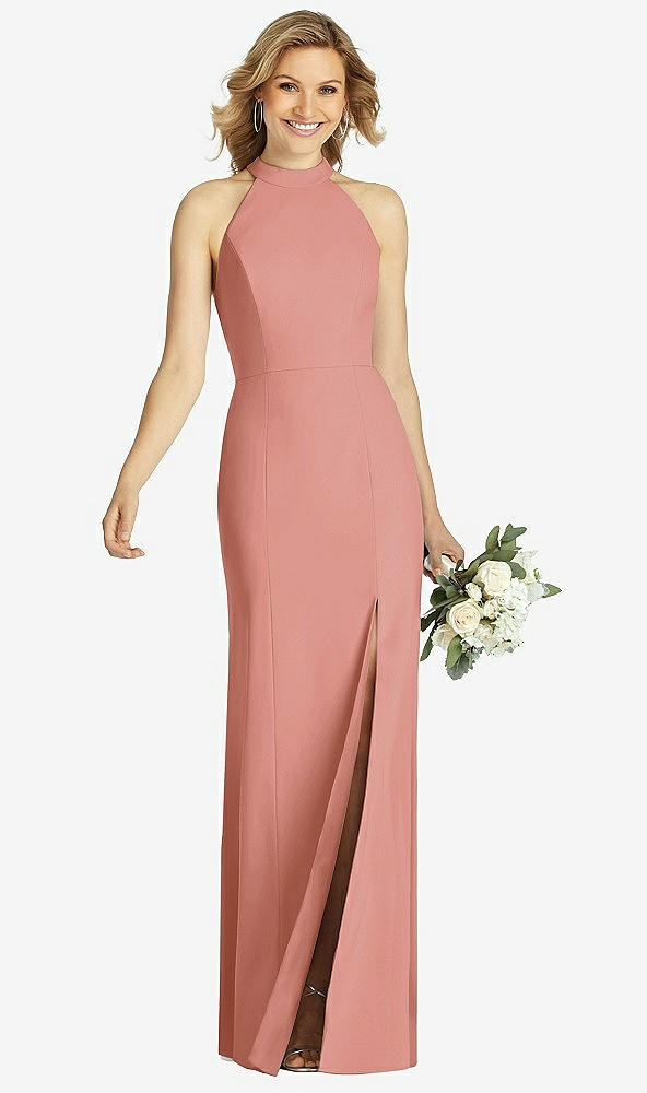 Front View - Desert Rose High-Neck Cutout Halter Trumpet Gown