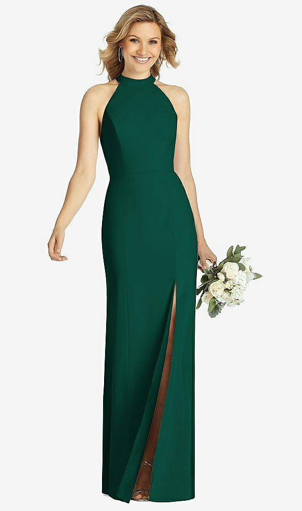 Front View - Hunter Green High-Neck Cutout Halter Trumpet Gown