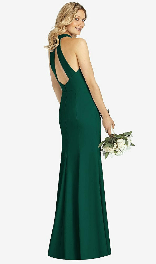 Back View - Hunter Green High-Neck Cutout Halter Trumpet Gown