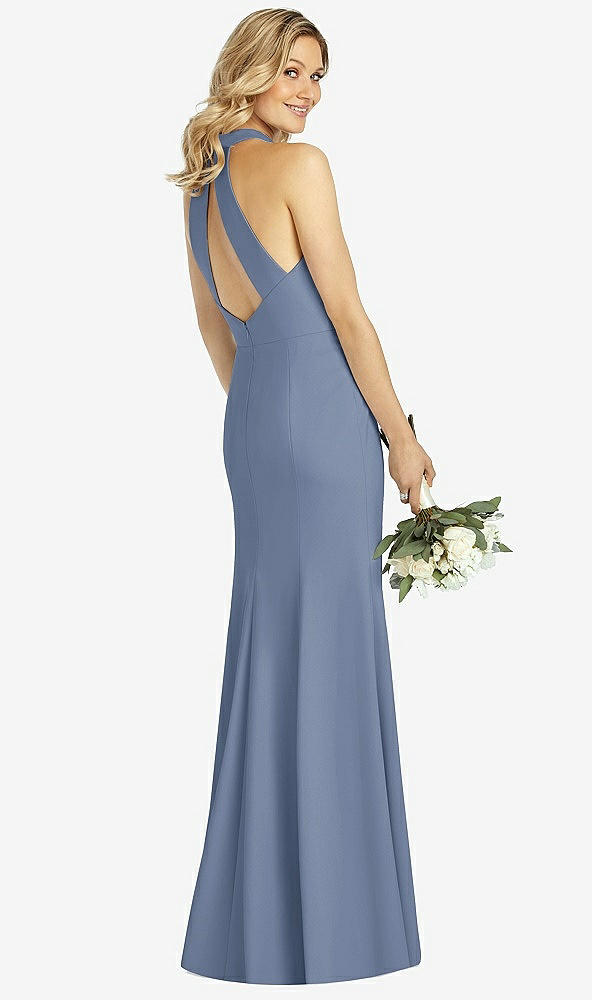 Back View - Larkspur Blue High-Neck Cutout Halter Trumpet Gown