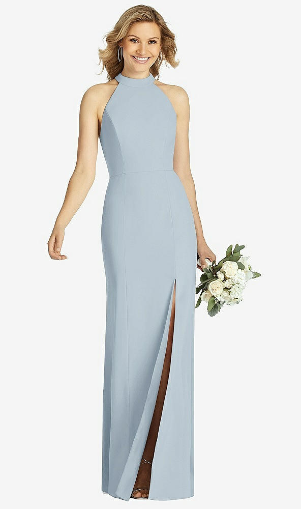 Front View - Mist High-Neck Cutout Halter Trumpet Gown