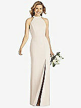 Front View Thumbnail - Oat High-Neck Cutout Halter Trumpet Gown