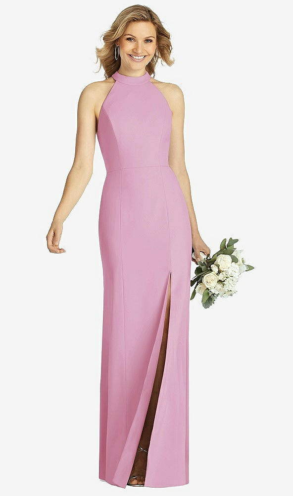 Front View - Powder Pink High-Neck Cutout Halter Trumpet Gown