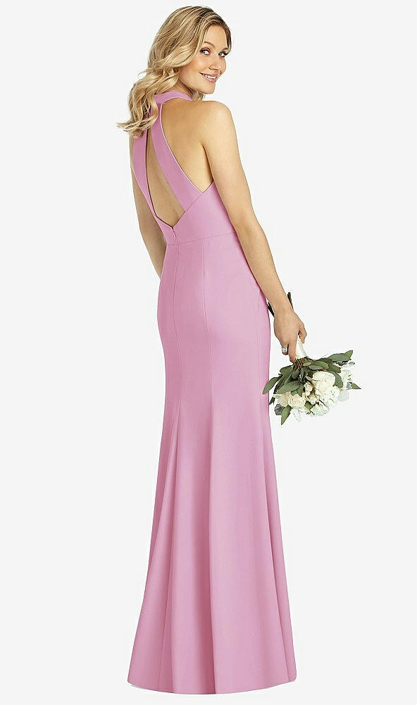 Back View - Powder Pink High-Neck Cutout Halter Trumpet Gown