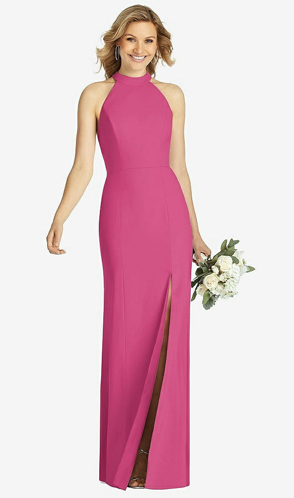 Front View - Tea Rose High-Neck Cutout Halter Trumpet Gown