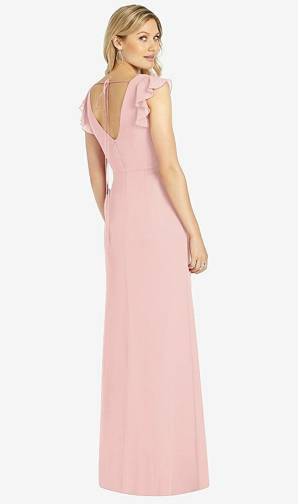 Back View - Rose - PANTONE Rose Quartz Ruffled Sleeve Mermaid Dress with Front Slit