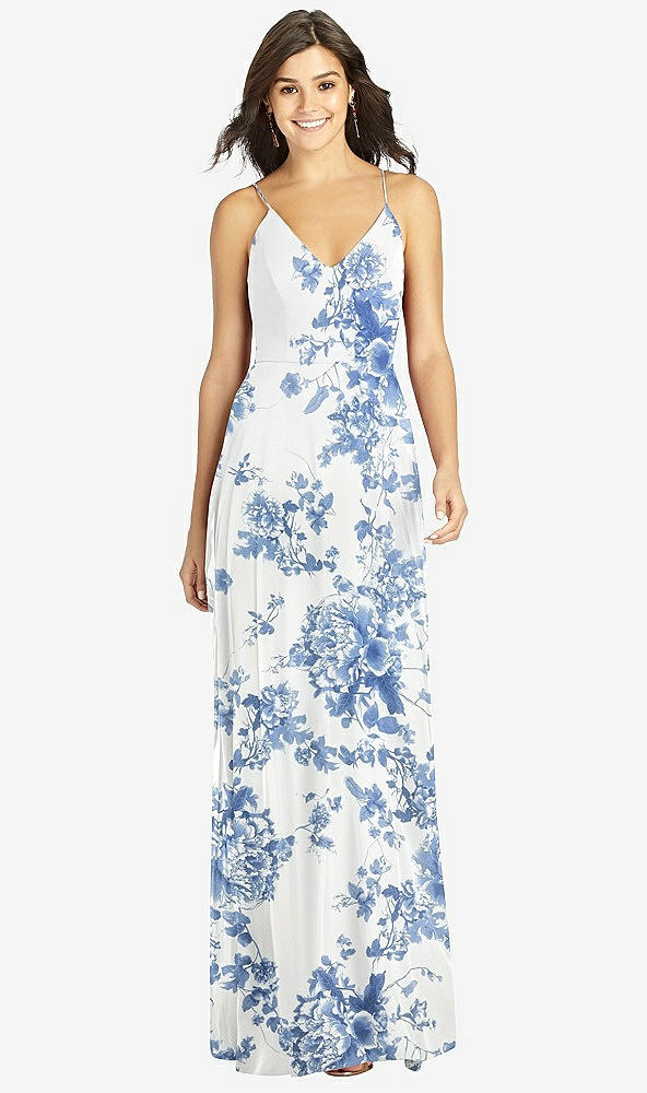 Front View - Cottage Rose Dusk Blue Criss Cross Back A-Line Maxi Dress