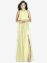 Front View Thumbnail - Butter Yellow Shirred Skirt Jewel Neck Halter Dress with Front Slit