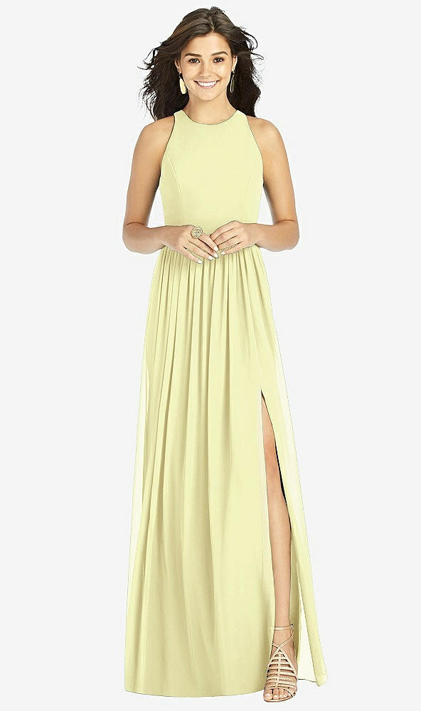 Front View - Butter Yellow Shirred Skirt Jewel Neck Halter Dress with Front Slit