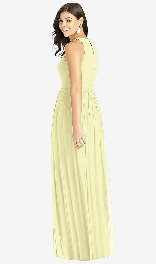 Back View - Butter Yellow Shirred Skirt Jewel Neck Halter Dress with Front Slit