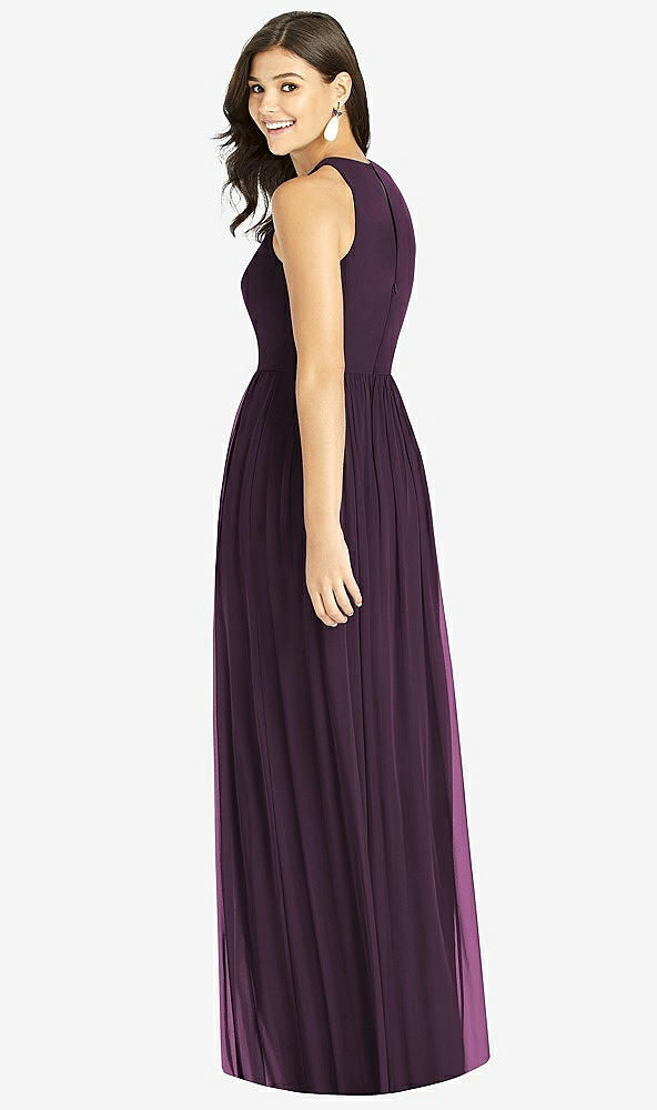 Back View - Aubergine Shirred Skirt Jewel Neck Halter Dress with Front Slit