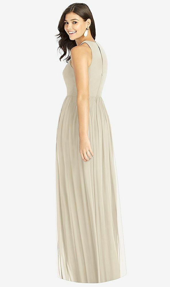 Back View - Champagne Shirred Skirt Jewel Neck Halter Dress with Front Slit