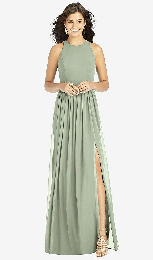 Front View - Sage Shirred Skirt Jewel Neck Halter Dress with Front Slit