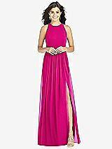 Front View Thumbnail - Think Pink Shirred Skirt Jewel Neck Halter Dress with Front Slit