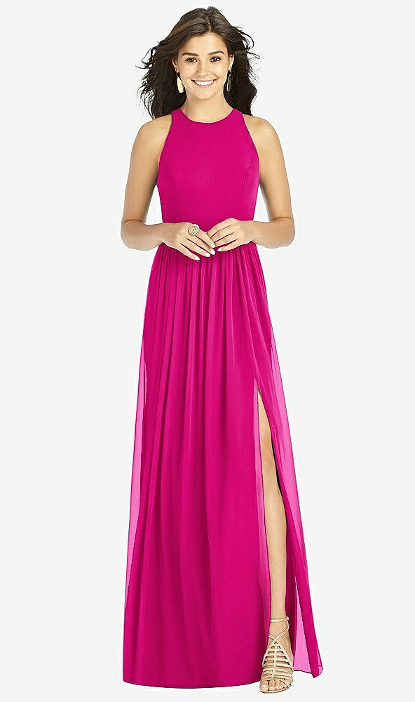 Front View - Think Pink Shirred Skirt Jewel Neck Halter Dress with Front Slit