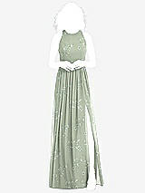 Front View Thumbnail - Vintage Primrose Sage Shirred Skirt Jewel Neck Halter Dress with Front Slit