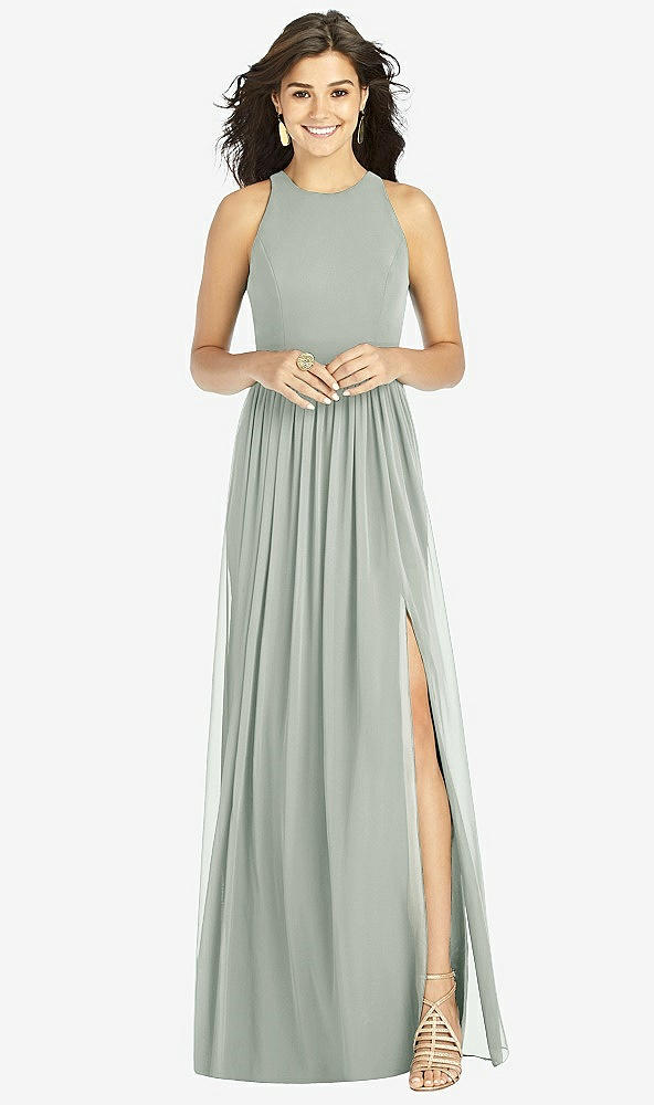 Front View - Willow Green Shirred Skirt Jewel Neck Halter Dress with Front Slit