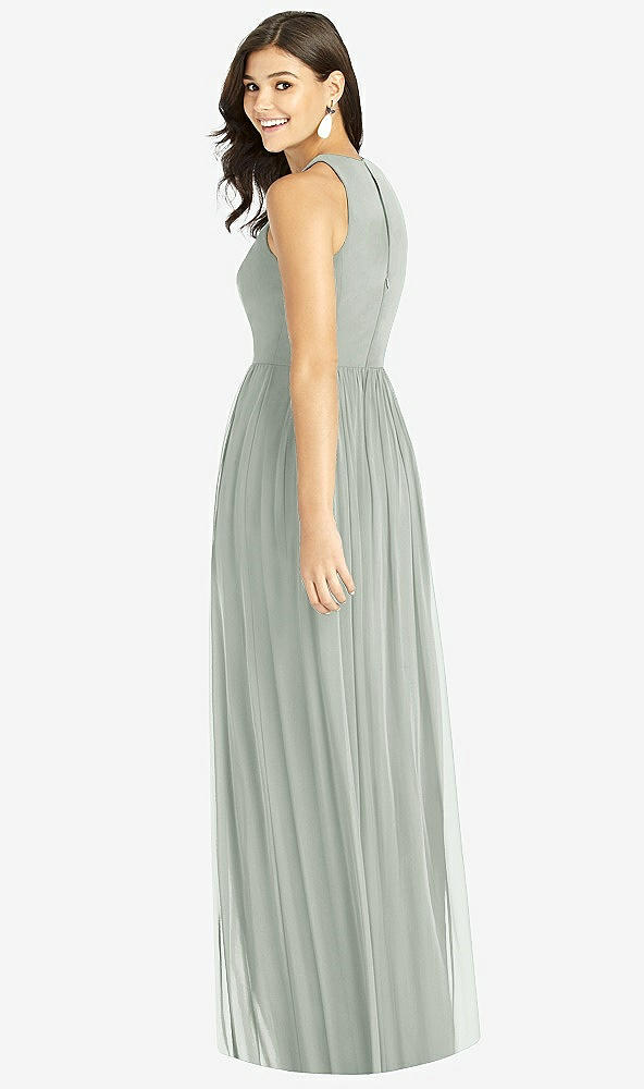 Back View - Willow Green Shirred Skirt Jewel Neck Halter Dress with Front Slit