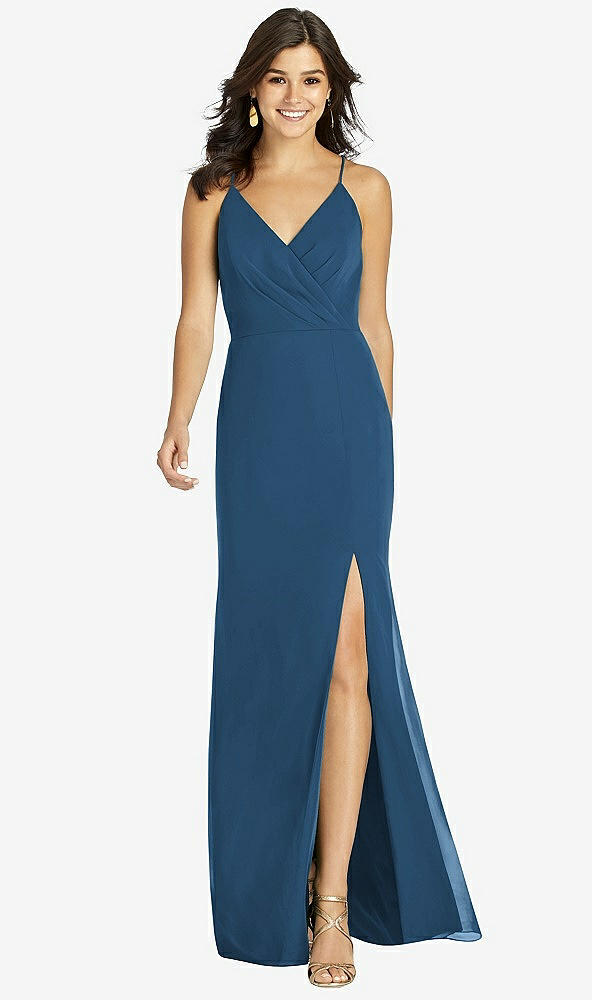 Front View - Dusk Blue Criss Cross Back Mermaid Wrap Dress