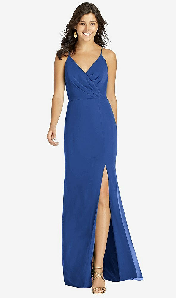 Front View - Classic Blue Criss Cross Back Mermaid Wrap Dress