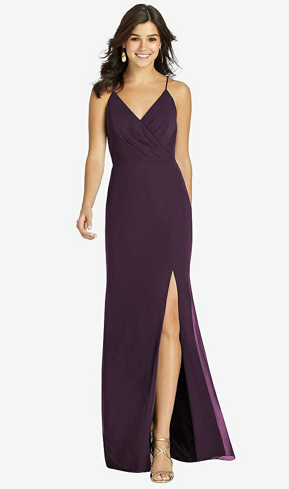 Front View - Aubergine Criss Cross Back Mermaid Wrap Dress