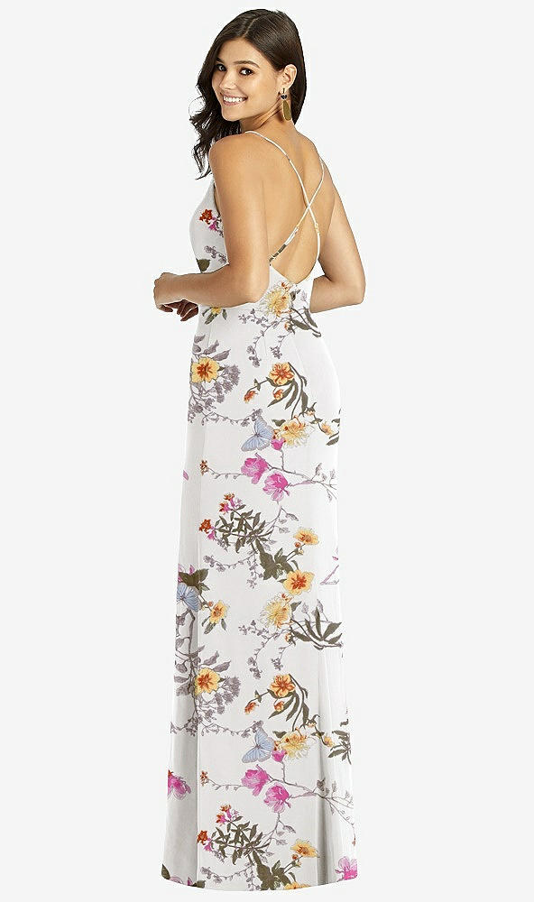 Back View - Butterfly Botanica Ivory Criss Cross Back Mermaid Wrap Dress