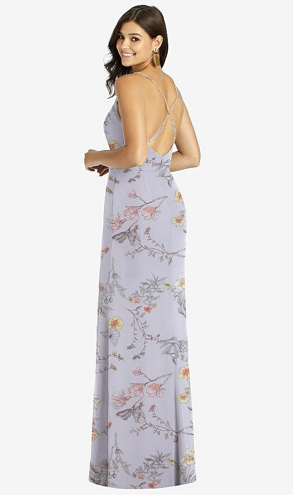 Back View - Butterfly Botanica Silver Dove Criss Cross Back Mermaid Wrap Dress