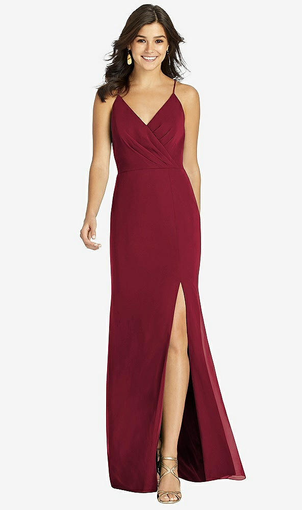 Front View - Burgundy Criss Cross Back Mermaid Wrap Dress