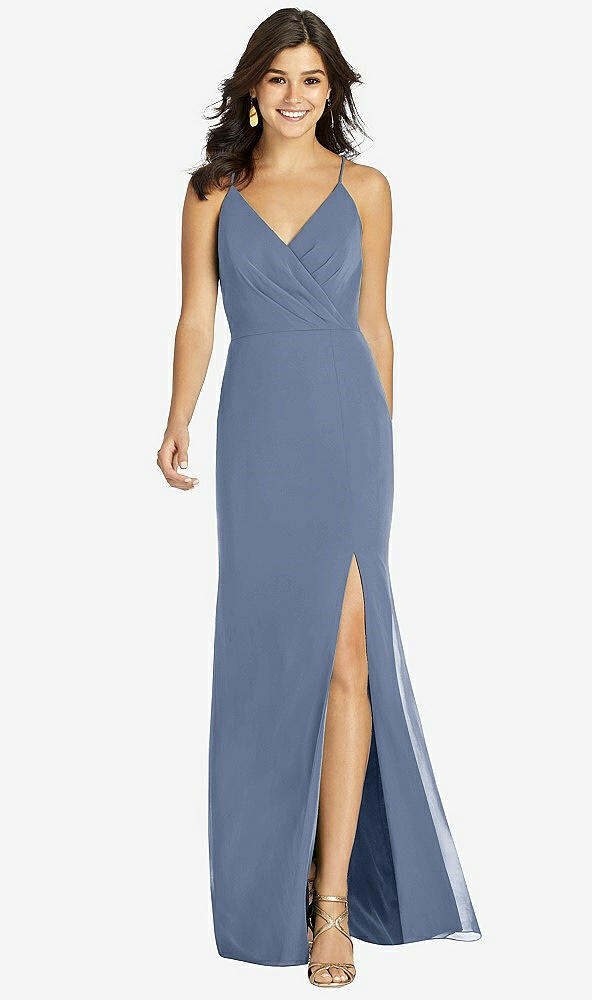 Front View - Larkspur Blue Criss Cross Back Mermaid Wrap Dress