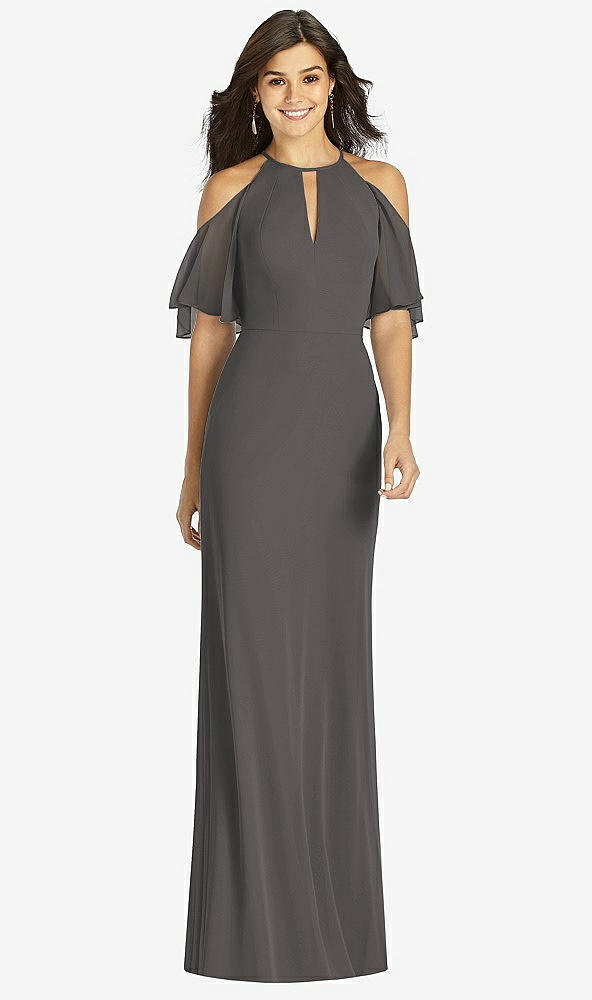 Front View - Caviar Gray Ruffle Cold-Shoulder Mermaid Maxi Dress