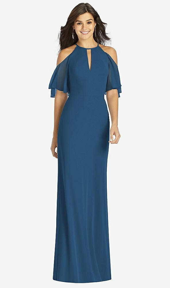 Front View - Dusk Blue Ruffle Cold-Shoulder Mermaid Maxi Dress