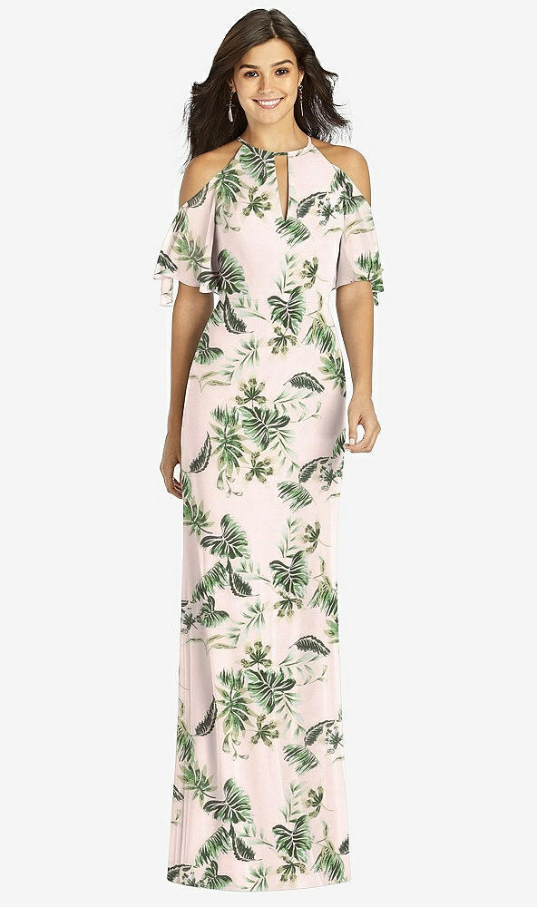 Front View - Palm Beach Print Ruffle Cold-Shoulder Mermaid Maxi Dress