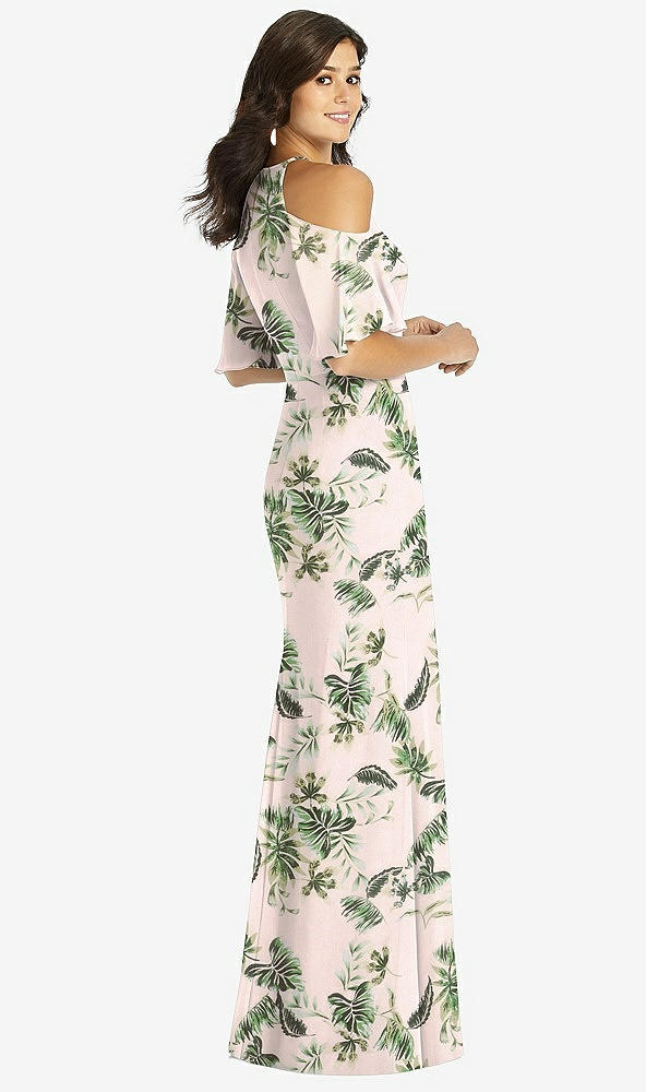 Back View - Palm Beach Print Ruffle Cold-Shoulder Mermaid Maxi Dress