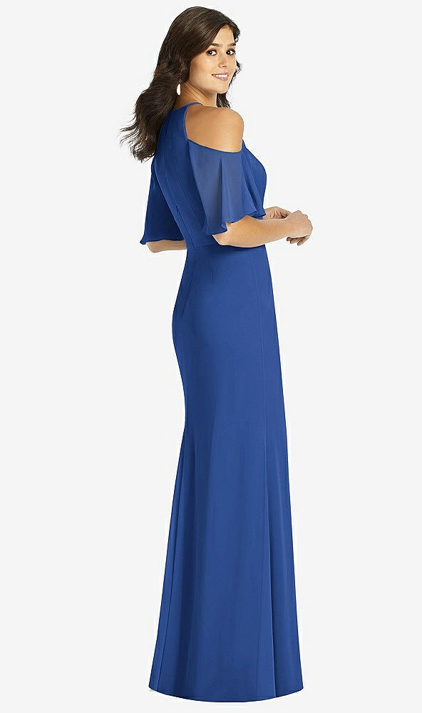 Back View - Classic Blue Ruffle Cold-Shoulder Mermaid Maxi Dress