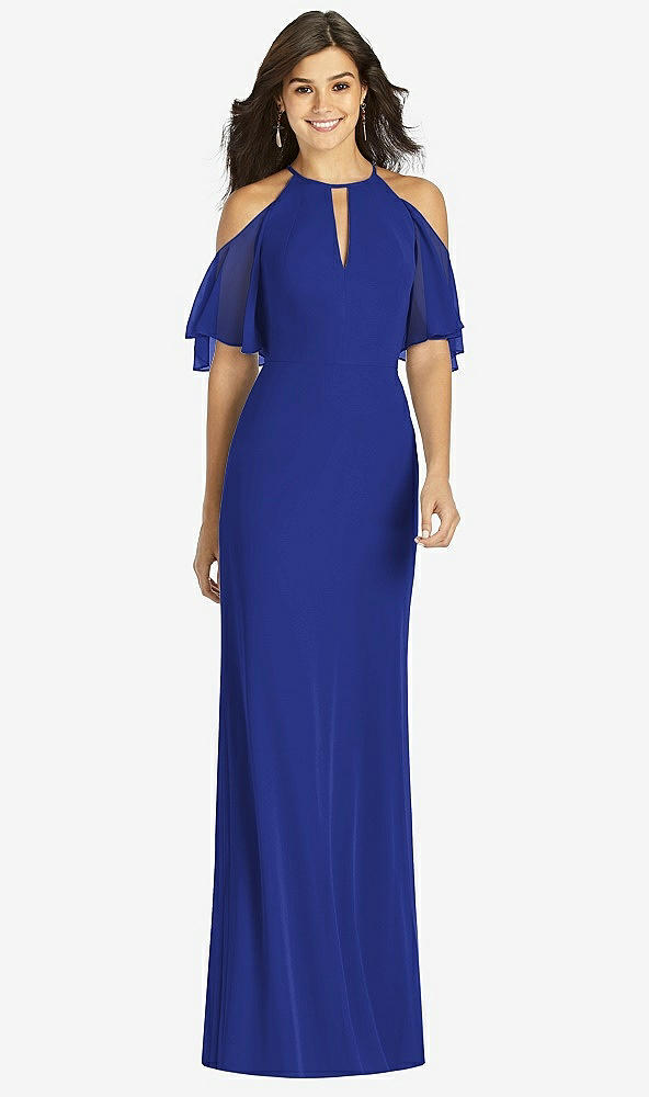 Front View - Cobalt Blue Ruffle Cold-Shoulder Mermaid Maxi Dress