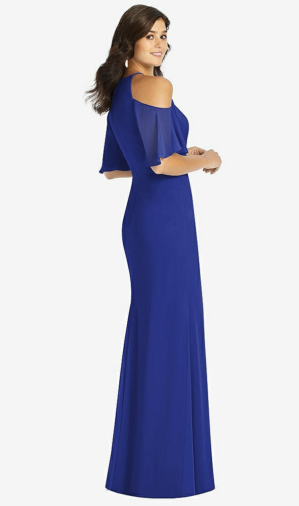 Back View - Cobalt Blue Ruffle Cold-Shoulder Mermaid Maxi Dress