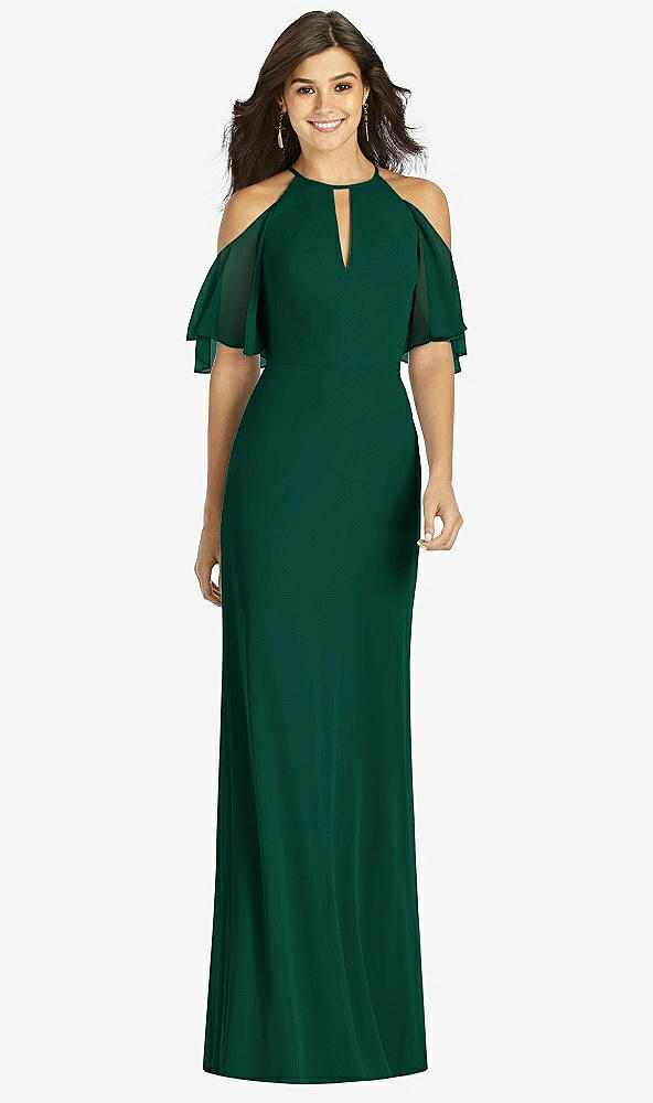 Front View - Hunter Green Ruffle Cold-Shoulder Mermaid Maxi Dress