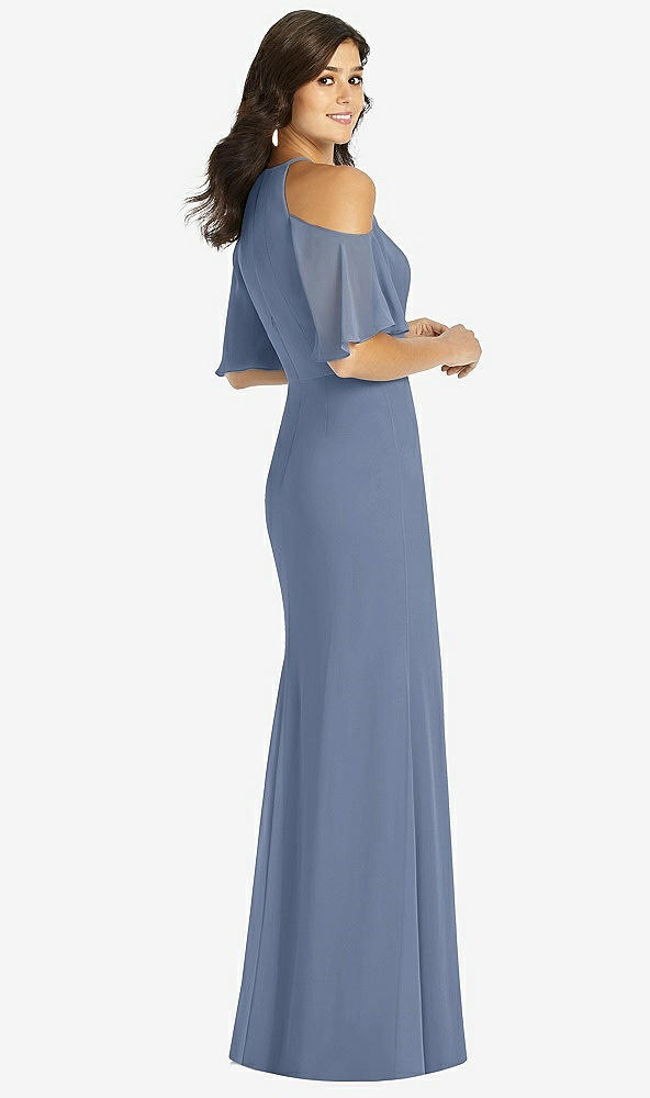 Back View - Larkspur Blue Ruffle Cold-Shoulder Mermaid Maxi Dress