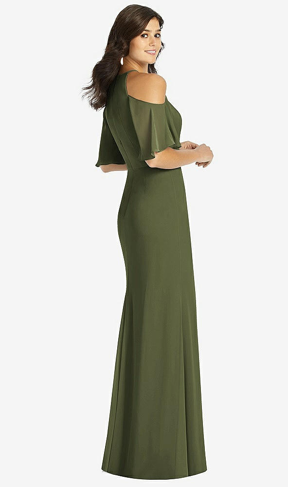 Back View - Olive Green Ruffle Cold-Shoulder Mermaid Maxi Dress