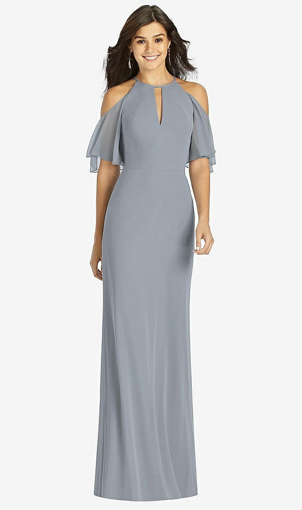 Front View - Platinum Ruffle Cold-Shoulder Mermaid Maxi Dress