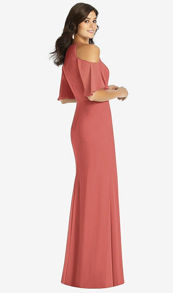 Back View - Coral Pink Ruffle Cold-Shoulder Mermaid Maxi Dress